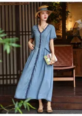 秋 大きいサイズ レディースワンピース デニムワンピース シャツワンピース 刺繍 レトロ 前開き きれいめ Vネック ロングワンピース 大人かわいい 30代 40代 50代 ロング丈 半袖 ブルー M-2XL