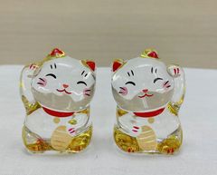 ガラス製 招き猫【左手 右手】ミニチュア招き猫 クリスタル置物  福招き 人招き 金運 新品未使用品