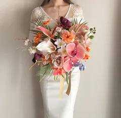 orangepeach リゾート風クラッチブーケ　ウェディングブーケ ブートニア　アーティフィシャルフラワー　造花ブーケ