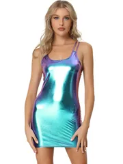 Allegra K キャミソールワンピース ストラップ ドレス メタリック 光沢 ミニ シャイニー ボディコン スリム レディース ブルーパープル M