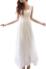 J-Scott ティアードワンピース マキシ丈 裏地あり ウエストゴム ノースリーブ サマードレス 無地 肌見せ 洋服 ビックシルエット 代 カラードレス Aライン きちんと感 綺麗な おしゃれ 大人 ルーズフィット すっきり(ホワイト,  L)