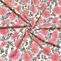 【50cm単位】ホワイトピンクレトロフラワー　インド　ハンドブロックプリント生地　テキスタイル コットン