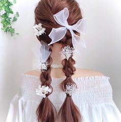 ホワイト シアーリボン フラワー ヘアアクセサリー ブライダル 髪飾り