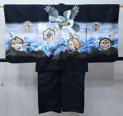 七五三 五歳 男児 羽織・着物・襦袢3点セット 豪華絢爛 黒地 鷹 お仕立て無料 祝着 NO27439-2