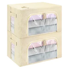 【人気商品】ワイヤー入り 多機能収納ケース 綿麻 収納袋 折りたたみ オフホワイト 衣類 収納ボックス ANIOBMAN 布2個 衣装ケース