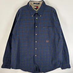 古着 90's/90年代 トミーヒルフィガー TOMMY HILFIGER 長袖シャツ ボタンダウンシャツ ワンポイント ロゴ 刺繍 フラッグタグ XL  ネイビー系 チェック メンズ