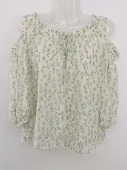 ◇ MAJESTIC LEGON 花柄 八分袖 ブラウス カットソー サイズM ホワイト系 グリーン系 マルチ レディース P  【中古】 【1209160003695】