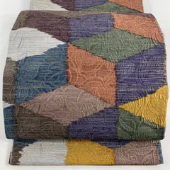 袋帯 秀品 幾何学 葉柄 金通し 金彩 茶紫 全通 正絹 【中古】