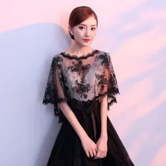 ☆ ブラック ☆ ボレロ kwedb01 結婚式 ショール ボレロ レース フォーマル ケープ風 かぶり 肩掛け パーティ 披露宴 二次会 パーティー 発表会 パーティードレス 刺繍 花 黒 ブラック スカラップ 春 夏 春夏