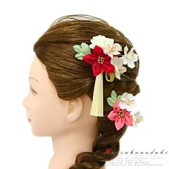 髪飾り 成人式 つまみ細工 赤 振袖 袴 花 2点セット 桜 ピンク 白 ゴールド ちりめん 房付き 組紐 かんざし U型 小さい おしゃ No.9-5033