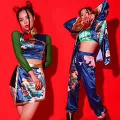中国風 緑 紺 ステージ衣装 ダンス衣装 大人 レディース 龍柄 ヒップホップ セットアップ ジャズダンス 夜店 DS演出服 民族風 ジャズダンス