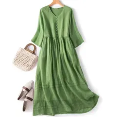 XL 2XL ロングワンピース 半袖 五分袖 グリーン Vネック ミモレ丈 フレア 大きめ 大きいサイズ ぽっちゃり ゆったり マタニティ リゾートワンピース 2L 3L フォーマル 夏 無地 着痩せ 細見え 体型カバー 緑 ボタン ママコーデ シンプル