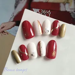 和柄ネイル　成人式　振袖　前撮り　袴　シンプル　ボルドー　ホワイト　赤  ネイルチップ　91