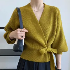 ニットトップス 未使用 レディース Vネック パフスリーブ バルーン袖 ウエストリボン トップス 無地 ゆったり 長袖 秋物 ニット セーター ニットソー mrj284