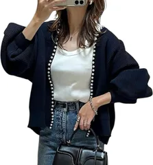 XL_ネイビー [ニューネ] パール付き カーディガン シンプル ビーズ カーデ 春 春秋 レディース ナイトウェア ルームウエア カジュアル シニア ママ マタニティ ポンチョ ボタンレス ストレッチ シフォン アウター 体型カバー 春物 派手 長袖 上着