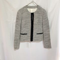 美品 COMME CA ISM コムサイズム レディース ジャケット M ノーカラー ツイード フリンジ ブラック アイボリー ボーダー シルバー ラメ キレイめ フォーマル お仕事着