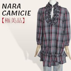 ❤️極美品 ナラカミーチェ モノトーン 赤 チェック柄 ルーマニア製 フロントフリル へプラムティアード シャツ チュニック Ⅰ・Ⅿ レディース 2117