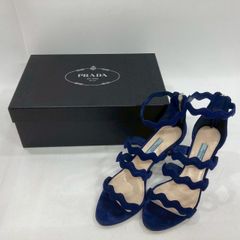 ★M14 PRADA プラダ サンダル ヒール ピンヒール 36 1/2 スカラップ ジップタイプ ロゴ・保存箱付き 青 ブルー レディース 靴 シューズ