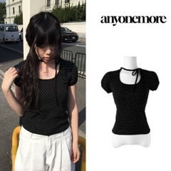 【 スカーフストラップドットパフ半袖Tシャツ 】エニワンモア リボン パフスリーブ ホルターネック ネックストラップ レトロ バレエコア anyonemore エニワンモア codibook dholic by muni:r wonderwonder 韓国