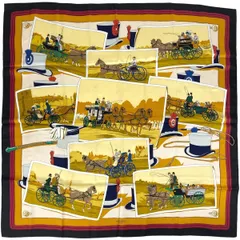 エルメス HERMES カレ 90 馬車とハット 写真柄 スカーフ シルク ブラック マルチカラー レディース 【中古】