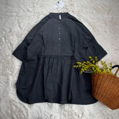 新品 ピンタックブラウス チュニック ハシゴレース 綿 チャコール フリー