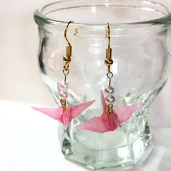 【一点もの】 『鶴の故郷』 美濃和紙 折り鶴 ピアス イヤリング | ピンク