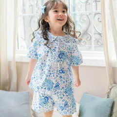 【小花柄猫ブルー】ねこプリントパジャマ半袖 TAK キッズ キャサリンコテージ