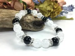 クラック水晶×オニキス パワーストーン ブレスレット 天然石ブレス (ロンデル： シルバー) 10mm メンズ・レディース △