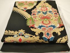 平和屋着物◎六通柄袋帯　唐織　更紗花文　黒地　金糸　正絹　逸品　AAAV6563dt