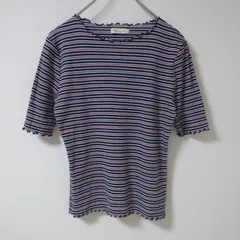 【earth music＆ecology】アースミュージックアンドエコロジー　ネイビー系　М　カットソー　トップス　マルチボーダー　メロウフリル　リブ素材　オシャレ