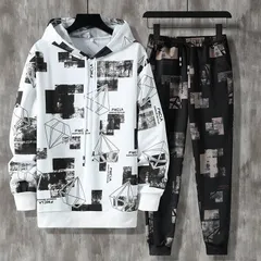 上下セット メンズ セットアップ トップス ボトムス 長袖 プルオーバーパーカー パーカー ジョガーパンツ ロングパンツ ウエストゴム 柄 スポーツウェア 運動 ジム ルームウェア 部屋着 カジュアル 春秋 ファッションzuoyte134