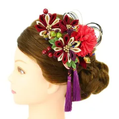 髪飾り 成人式 水引 つまみ細工 赤 振袖 前撮り 袴 花 2点セット 菊 白 紫 ゴールド 黒 ちりめん 剣つまみ 房 房付き ビーズ No.9-2946