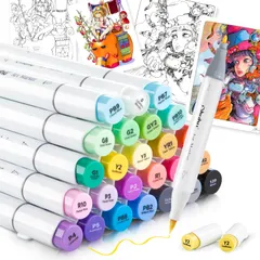 【特価】Ohuhu マーカーペン 筆タイプ 24色25本 プロ愛用 イラスト イラストマーカー 筆・細字 ブレンダーペン Honolulu Bシリーズ