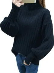 GIVEK ニット バルーン スリーブ 長袖 ハイネック 小顔 効果 レディース 秋 冬 セーター トップス Free Size( ブラック,  Free Size)