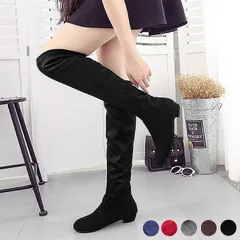 ブラック ニーハイブーツ ブーツ レディース 秋 冬 ローヒール 安い ロングスエード調 大きいサイズ 美脚 ^bo-596^