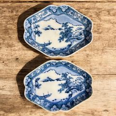 【2客セット】古伊万里 染付 菱形変形皿 [山水風景絵] 鉢 取り皿 盛り皿 飾り皿 伊万里 和食器 骨董品 アンティーク