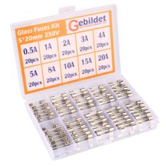 【即納】KILIGEN 200個 5 * 20mm ガラス管 ヒューズ (0.5A / 1A / 2A / 3A / 4A / 5A / 8A / 10A / 15A /20A のヒューズを各20個づつの)