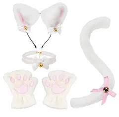 【在庫処分】[Sucodver] 猫耳 カチューシャ 肉球手袋 尻尾 チョーカー 鈴付き やわらかい ハロウィン コスプレ 小物 4点セット (ホワイト)