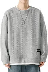 Four leaf おしゃれxスッキリ 重ね着風 メンズ トレーナー トップス カットソー 長袖 スウェット 長袖tシャツ ストリート系 ロンティー レイヤード 丸首 エンボス加工 無地(グレー,  XL)