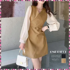 送料無料 レディース ワンピース カシュクール風 ミニワンピース Vネック 上品 ショートワンピース シフォンスリーブ きれいめ ラップワンピ 膝上丈 無地 長袖 春夏 春 重ね着風ワンピ オフィスカジュアル ワンピース 韓国