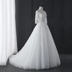 ☆ ホワイト ☆ Lサイズ ☆ ウェディングドレス トレーン 七分袖  ウェディングドレス 袖あり Aライン ウエディングドレス ブライダルドレス トレーン ドレス レディース パーティドレス 白  ホワイト ロングドレス 七分袖 お色直し 花嫁 結婚式