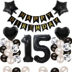 15歳 誕生日 バルーン 風船 飾り付け セット 数字バルーン 15 HAPPY BIRTHDAYガーランド ハート風船 紙吹雪風船 バースデーバルーン 大人 男の子 女の子 ブラック