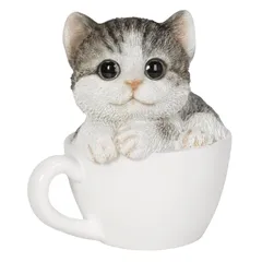 ウービア WOOBIA サバトラ白猫ティーカップ 小 猫 ネコ 置物 インテリア 白猫 キャット 約7cm×5.5cm　高さ8cm