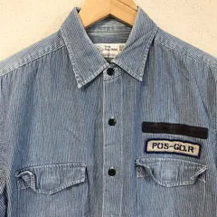 (^w^)b NST Never Seen Thing ネバーシーンシングス 半袖 ヒッコリーストライプ ワークシャツ デニム ワッペン ミリタリー 春 夏 秋 紳士 カジュアル タウンユース ボタン 刺しゅう ブルー メンズ サイズ M