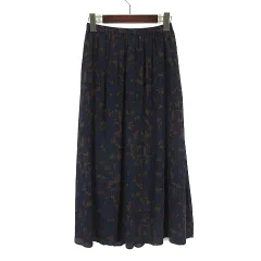 ユニクロ UNIQLO プリント フレアスカート ロング 総柄 ギャザー S 紺 ネイビー 茶 ブラウン