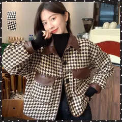 格子柄ジャケット韓国風ショート丈アウターレディースツイード風ジャケット PUレザー異素材mix チェック柄コート オシャレ 秋冬羽織り レトロ 着やせカジュアル大人かっこいい冬服 ショートジャケット クール 体型カバーのサムネイル