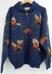 美品 L.L.Bean エルエルビーン ハーフジップニット 0882-HK-89W 80s-90s 動物柄 ニット ネイビー Lサイズ メンズ ヴィンテージ