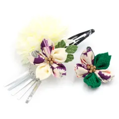 七五三 髪飾り 三歳 七歳 日本髪 花 2点セット ちりめん 白 緑 つまみ細工 ビラ 和柄 造花 小さい ピン ぱっちんピン クリップ No.9-5230