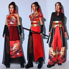 黒 赤 金 チャイナ風 レディース ジャズ ダンス衣装 演出服 セットアップ 龍柄 大人 女子グループ ステージ衣装 派手 おしゃれ DSダンス ク