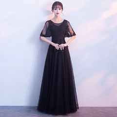 ロングドレス レディース ピアノ 発表会 結婚式 二次会 L ブラック 黒  大人 ロング 袖あり パーティー ドレス  編み上げタイプ ワンピース フォーマル イベント 謝恩会 食事会 披露宴 お呼ばれ 上品 舞台 da094t2
